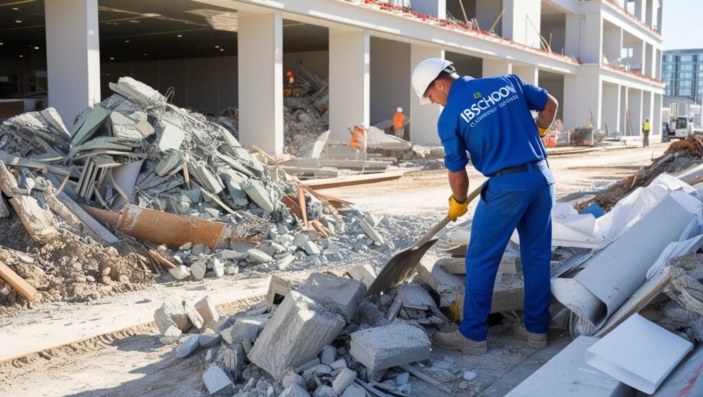 _A worker clearing construction debris from a building site. The worker is wearing a uniform with the 'IBschoon Cleaning Services
