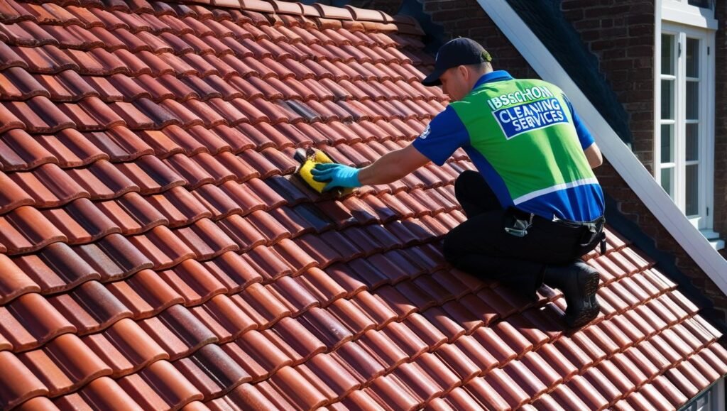 professional cleaner cleaning a tiled roof of a house in Belgium. The person is wearing our logo 'IBschoon Cleaning Services