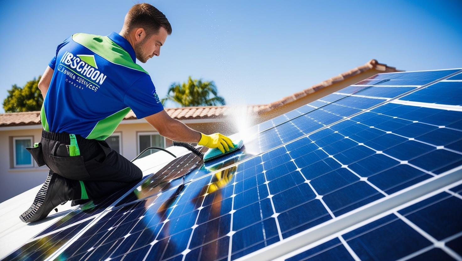 professional cleaner cleaning solar panels on a roof. The cleaner is wearing a uniform with the 'IBschoon Cleaning Services